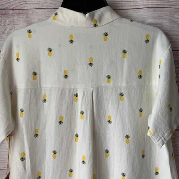Rae Dunn Women's Linen Pineapple Print Button Up Shirt Short Sleeve Collar Large - Picture 8 of 16